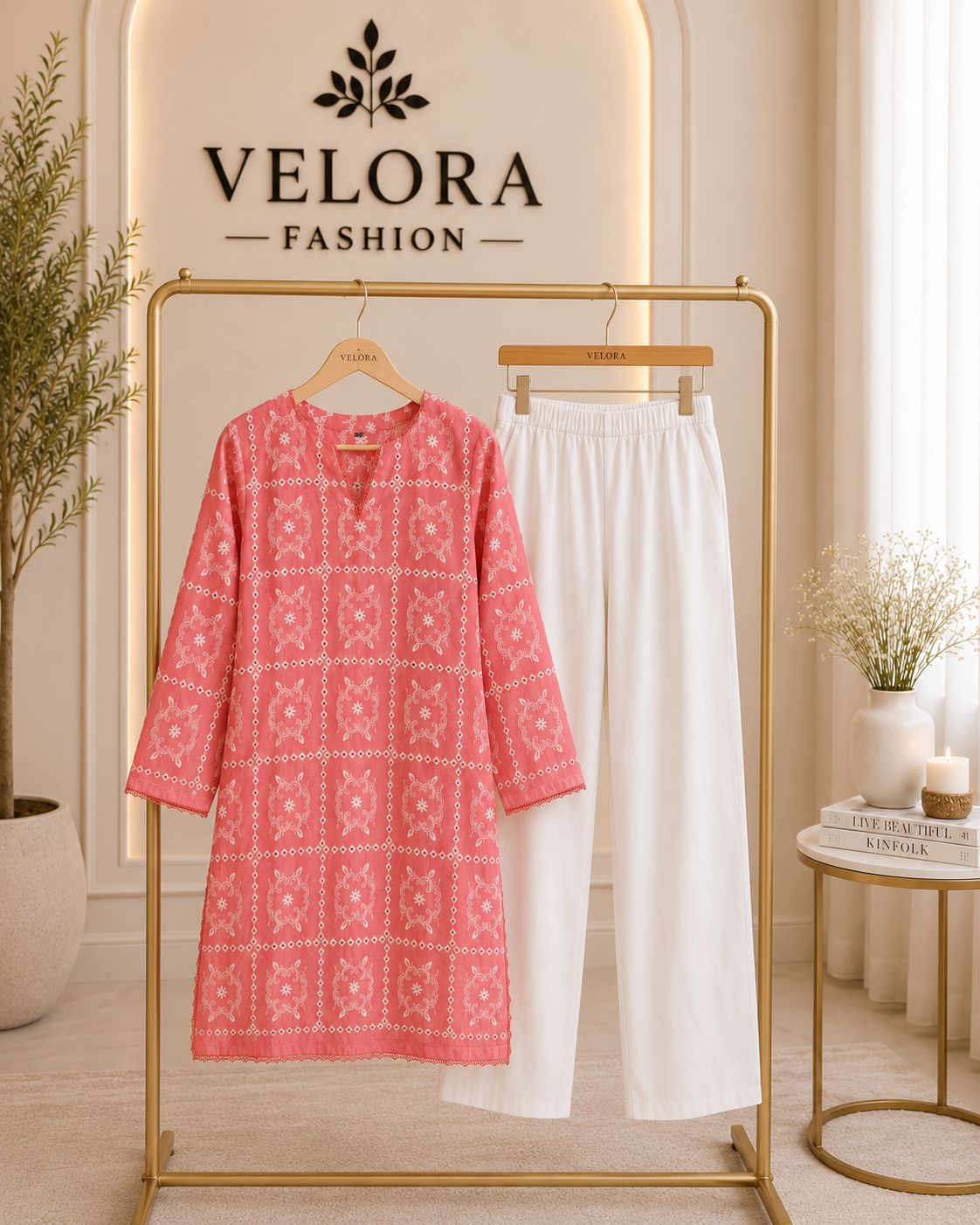 Coral Mosaic Embroidered 2-Piece Suit