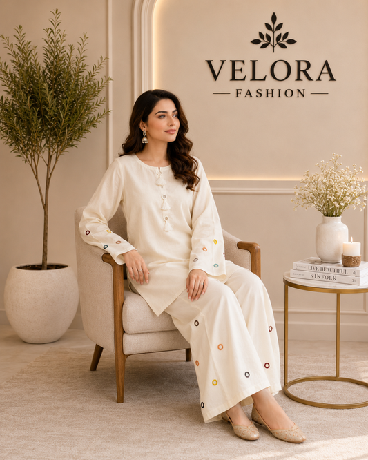 Ivory Gleam Mirror-Work 2-Piece Co-Ord Set