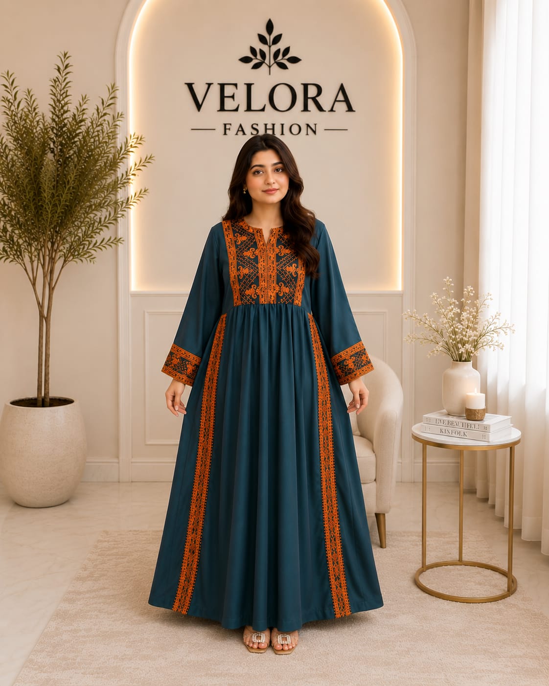 Teal Blue Embroidered Flared Maxi Dress
