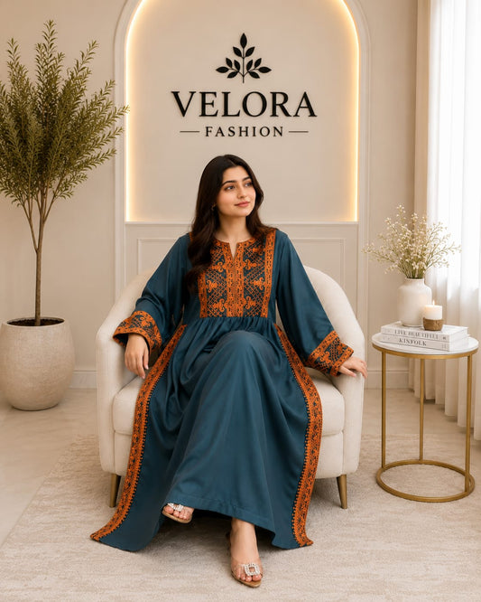 Teal Blue Embroidered Flared Maxi Dress