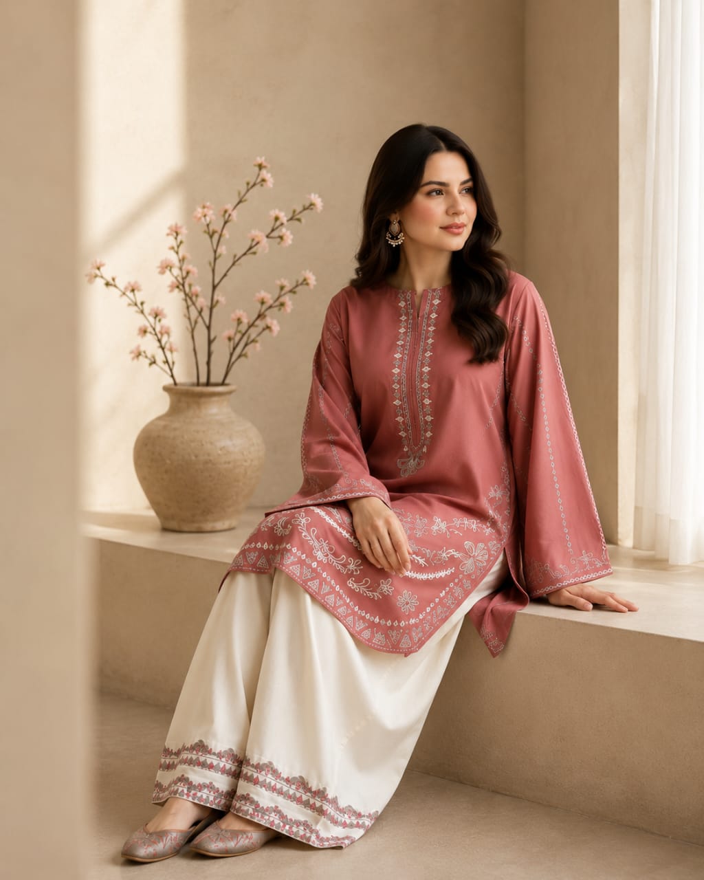 Dusty Rose Embroidered Women’s Kurta with Ivory Wide-Leg Trousers