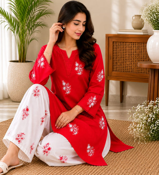 Red Floral Motif Women’s Kurta with White Printed Trousers