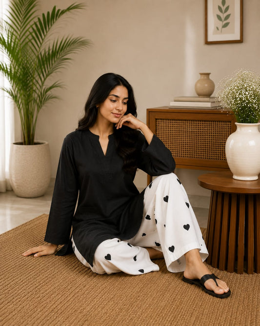 Black Women’s Kurta with White Heart-Print Trousers