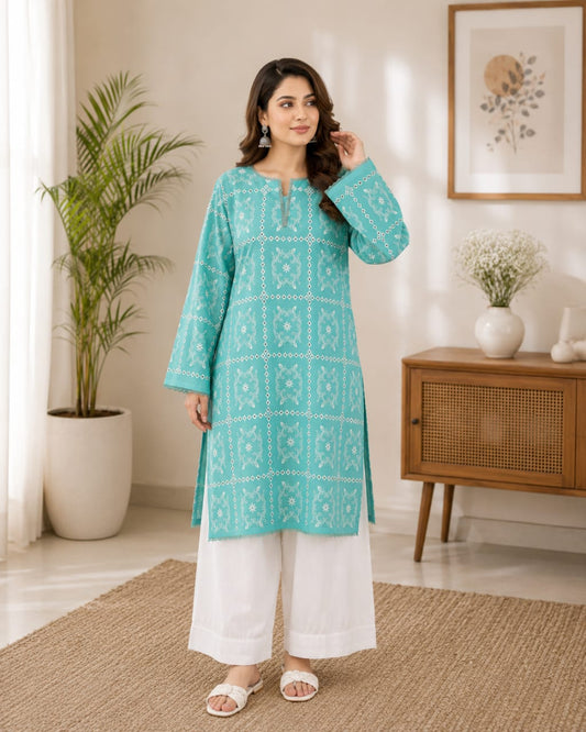 Aqua Blue Embroidered Women’s Kurta with White Trousers