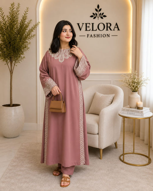 2 Piece Embroidered Long Shirt Suit with Trouser for Women