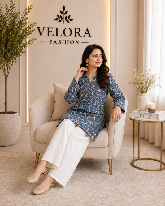 Denim Blue Floral Embroidered 2-Piece Suit
