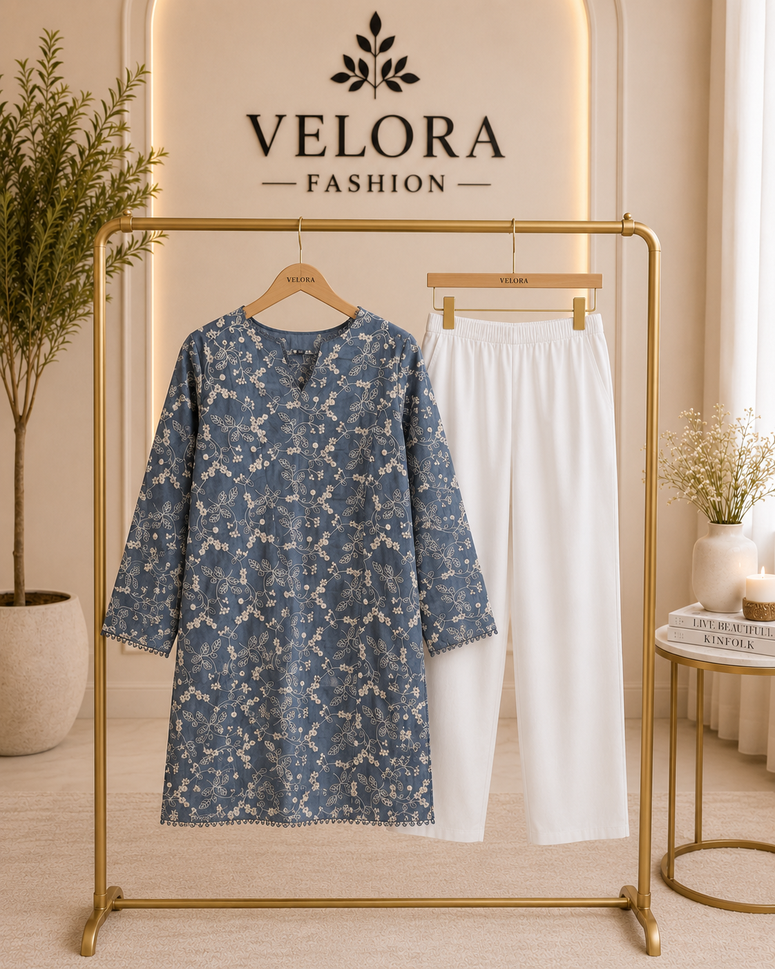 Denim Blue Floral Embroidered 2-Piece Suit