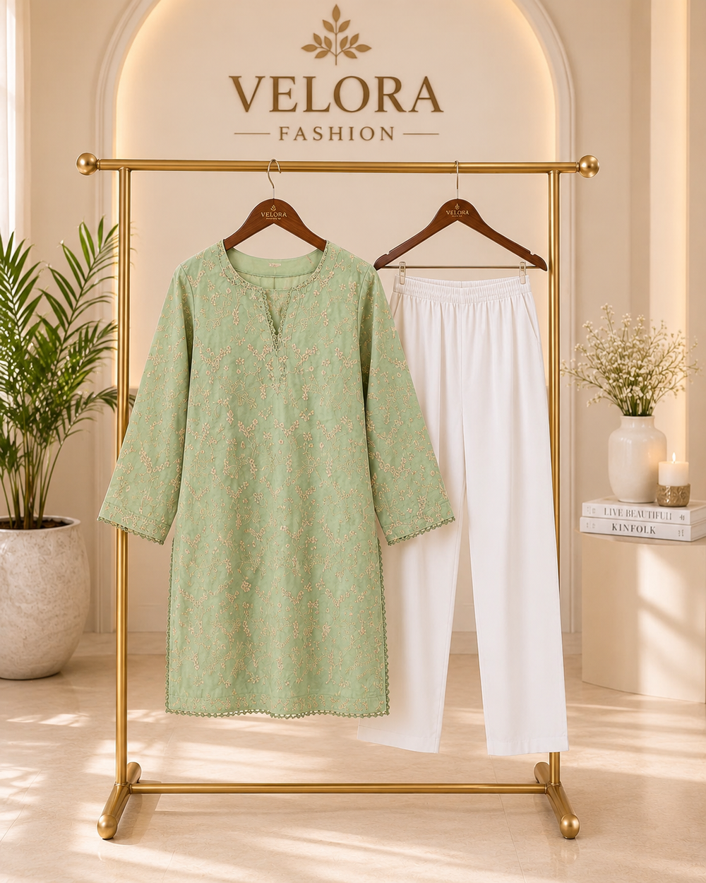 Mint Blossom Embroidered 2-Piece Suit