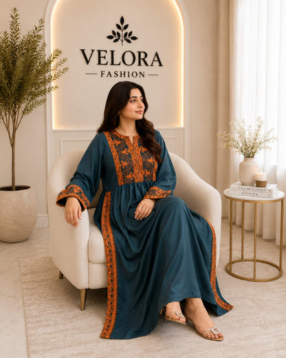 Teal Blue Embroidered Flared Maxi Dress