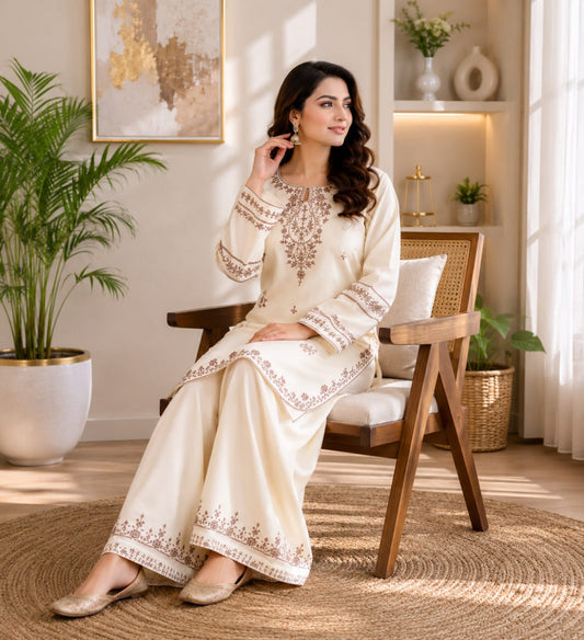 Ivory Ornamental Motif Women’s Kurta with Wide-Leg Trousers