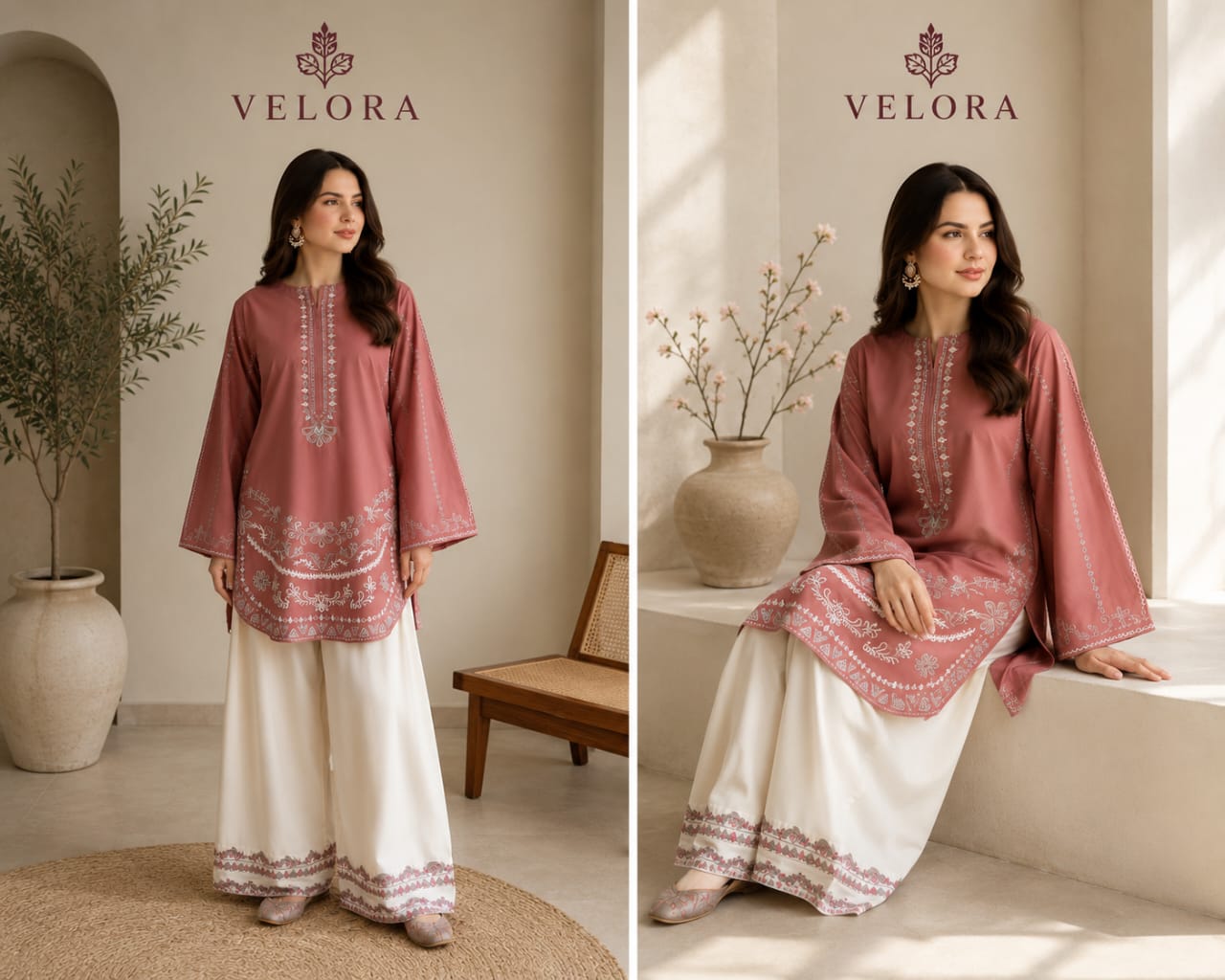 Dusty Rose Embroidered Women’s Kurta with Ivory Wide-Leg Trousers