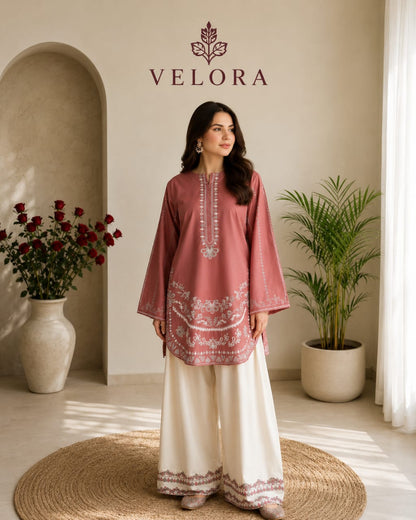 Dusty Rose Embroidered Women’s Kurta with Ivory Wide-Leg Trousers