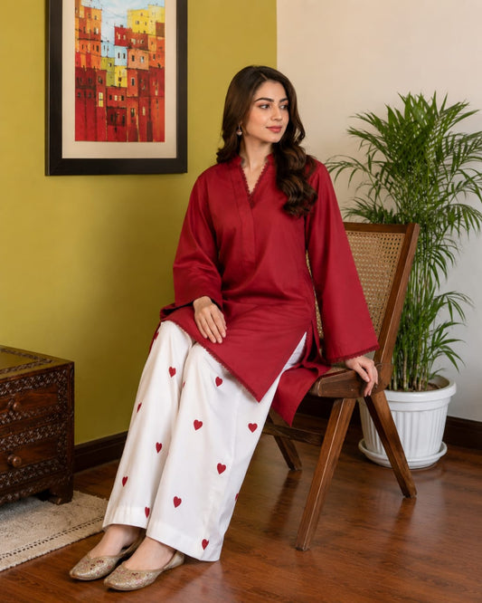 Deep Maroon Women’s Kurta with Heart-Print Wide-Leg Trousers