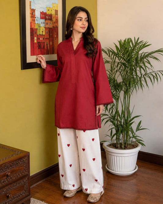 Deep Maroon Women’s Kurta with Heart-Print Wide-Leg Trousers
