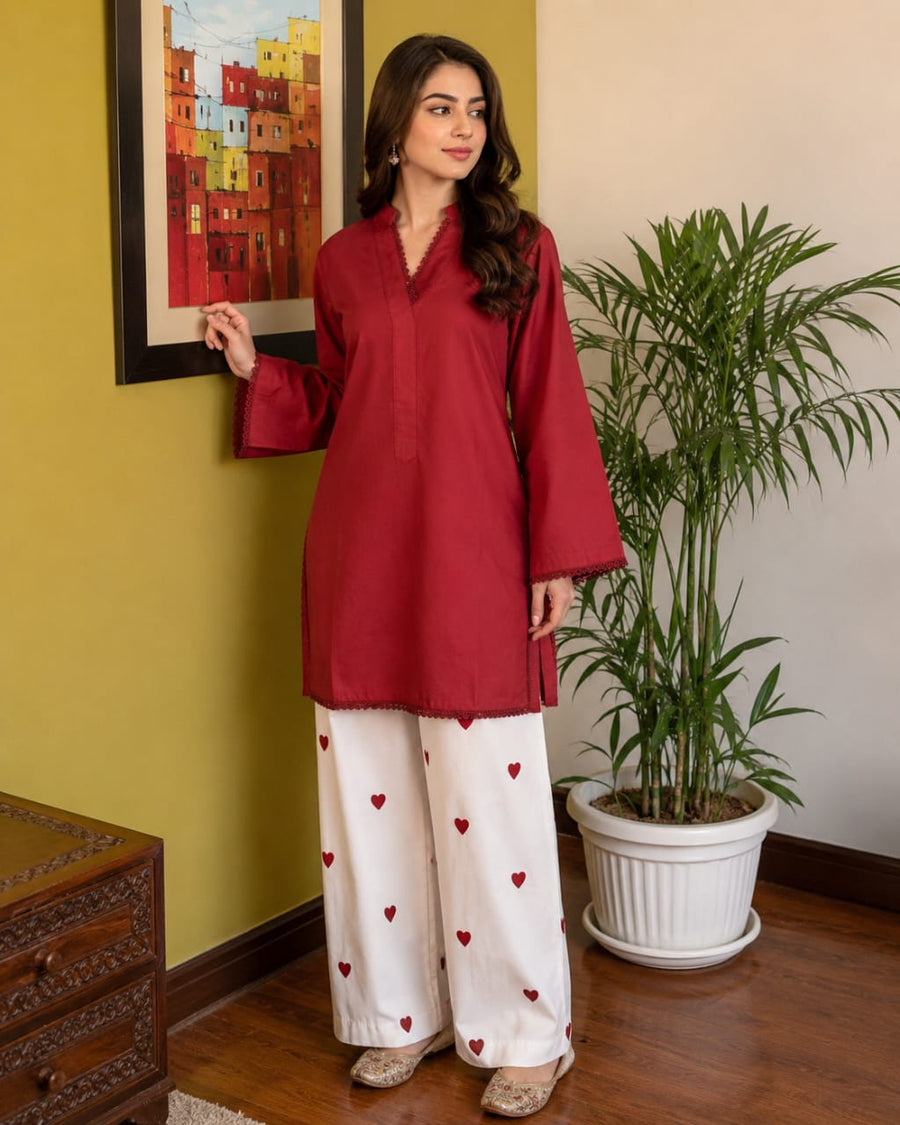 Deep Maroon Women’s Kurta with Heart-Print Wide-Leg Trousers