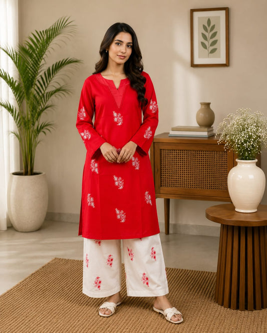 Red Floral Motif Women’s Kurta with White Printed Trousers