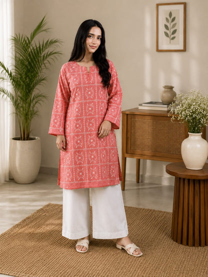 Coral Pink Embroidered Women’s Kurta with White Trousers