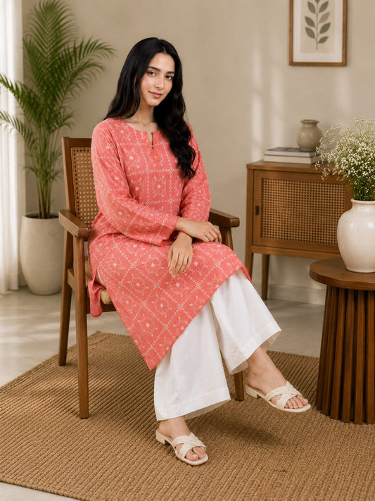 Coral Pink Embroidered Women’s Kurta with White Trousers