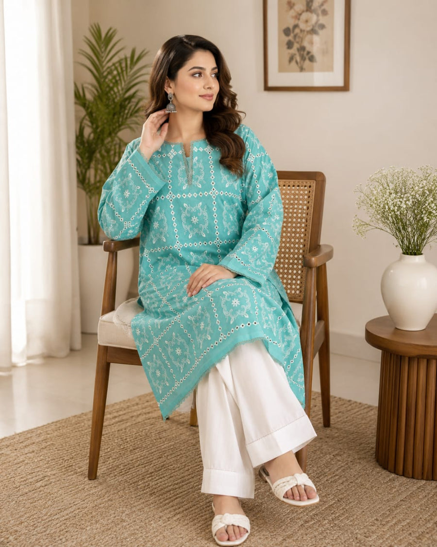 Aqua Blue Embroidered Women’s Kurta with White Trousers