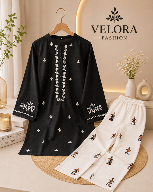 Noir Bloom Embroidered 2-Piece Set