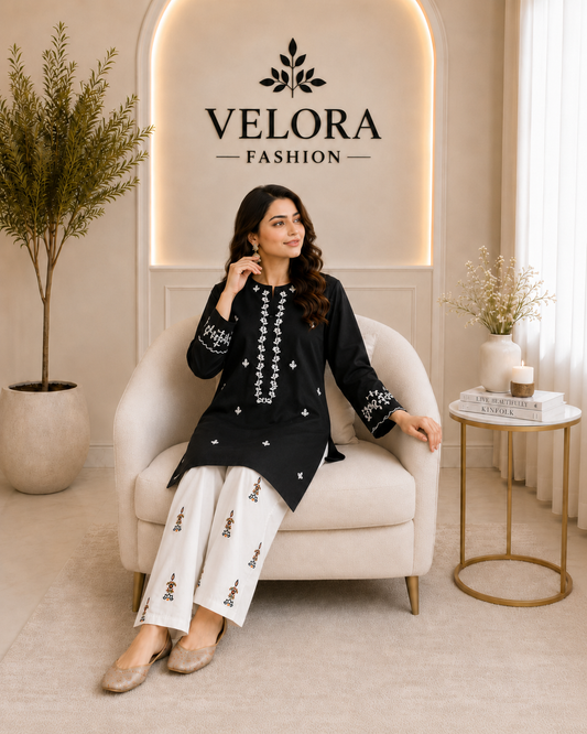 Noir Bloom Embroidered 2-Piece Set