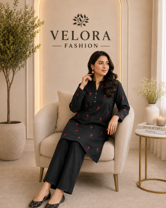 Black Rose Embroidered 2-Piece  Suit